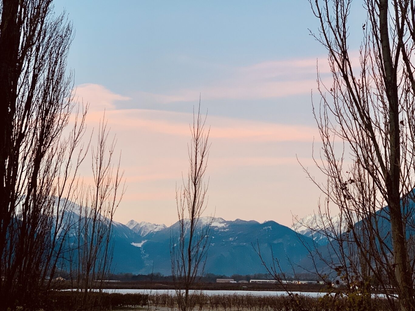 Un paysage de montagne au lever du soleil avec des silhouettes d'arbres et un ciel rose et orange.