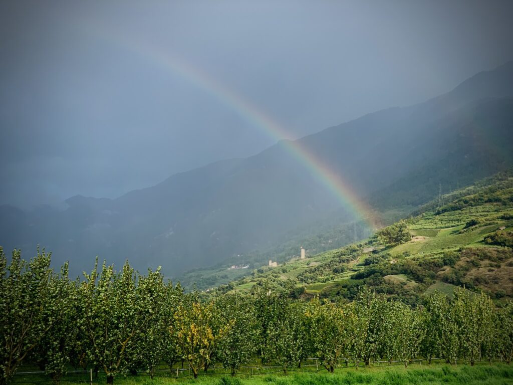 Un paysage avec des arbres fruitiers au premier plan, une tour médiévale sur le coteau à l'arrière et un arc-en-ciel se détachant sur un fond bleuâtre.