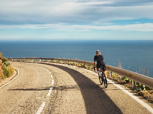 Cycliste solitaire sur une route sinueuse au bord de la mer par une journée ensoleillée vue de dos le ciel bleu s'étend à l'horizon [Description générée par ia]